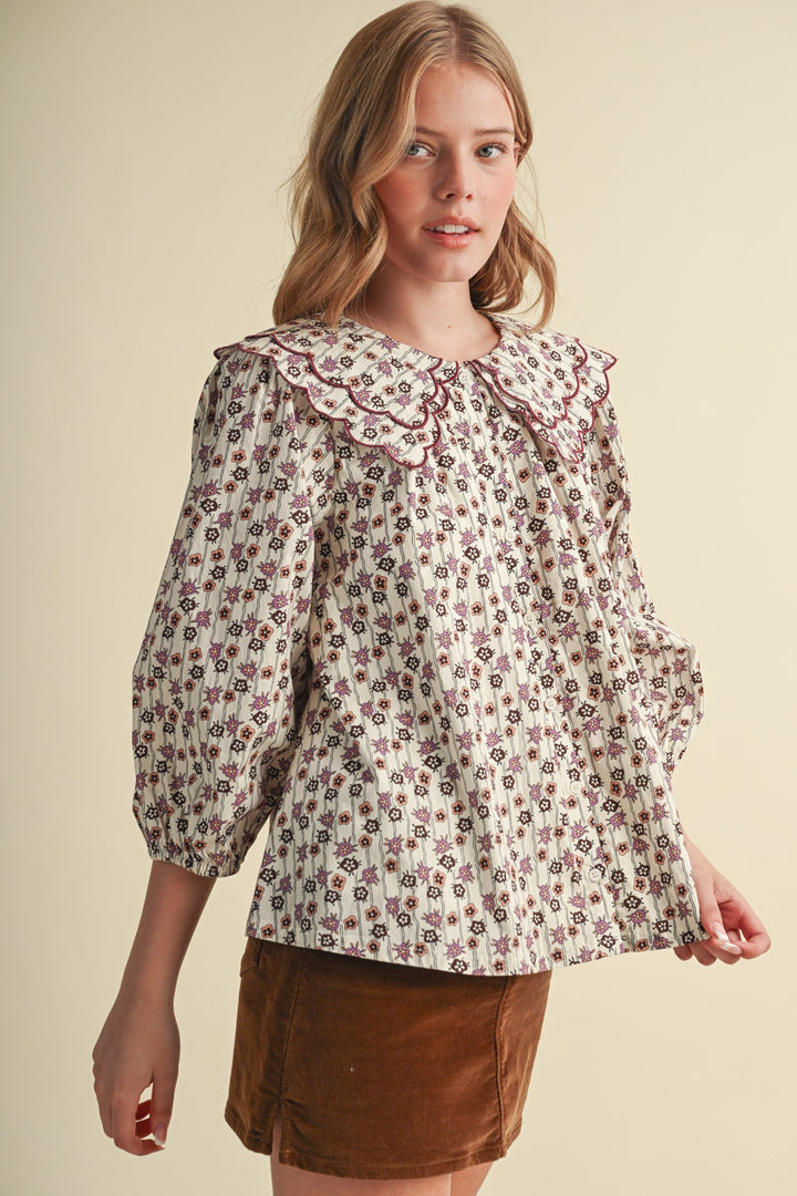 SCALLOPED DOLL COLLAR BUTTON UP FLORAL TOP