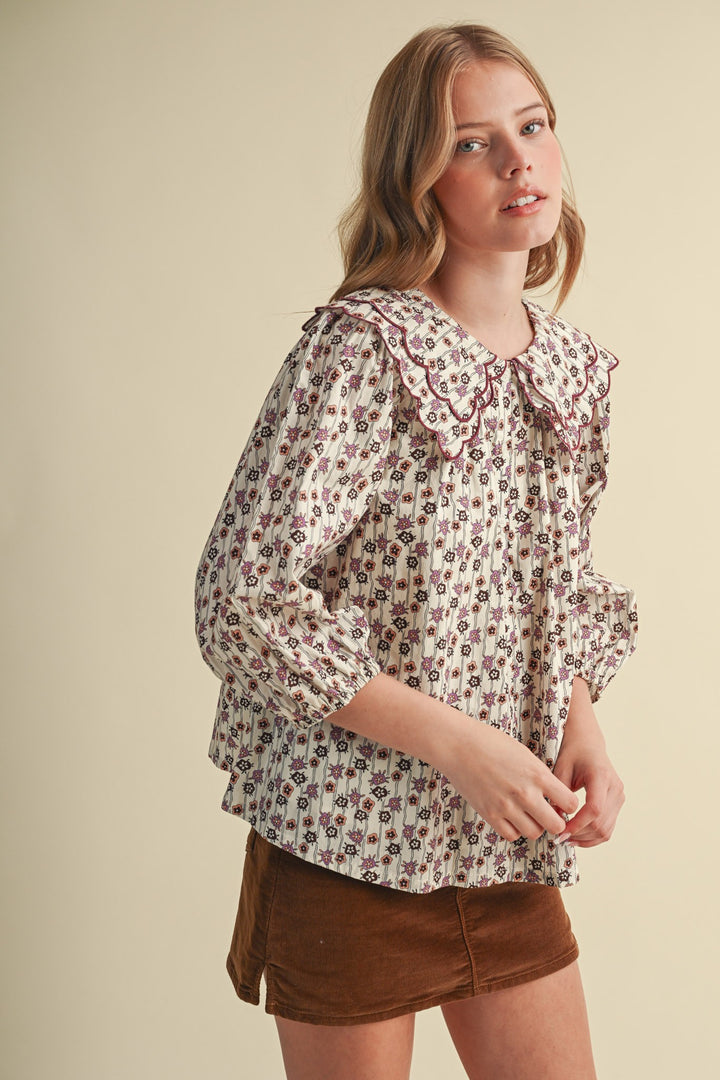 SCALLOPED DOLL COLLAR BUTTON UP FLORAL TOP