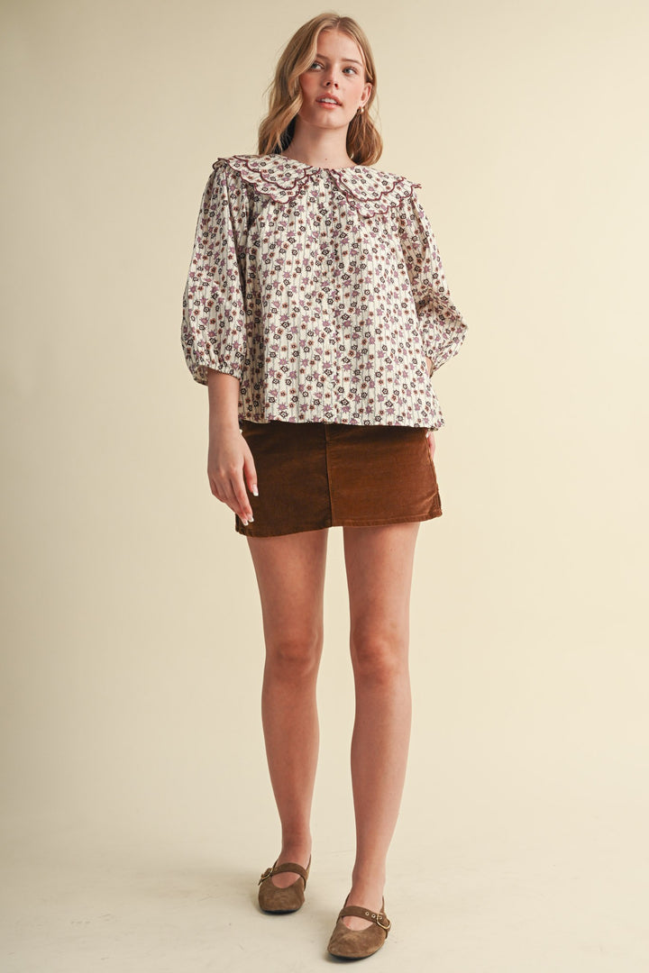 SCALLOPED DOLL COLLAR BUTTON UP FLORAL TOP