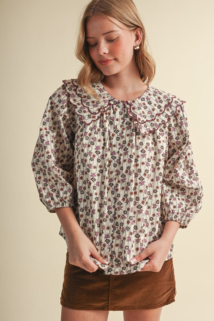 SCALLOPED DOLL COLLAR BUTTON UP FLORAL TOP