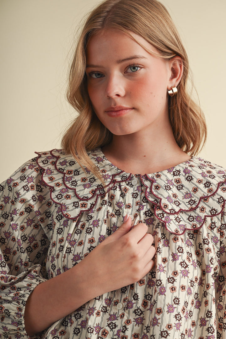 SCALLOPED DOLL COLLAR BUTTON UP FLORAL TOP