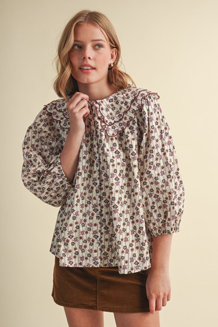 SCALLOPED DOLL COLLAR BUTTON UP FLORAL TOP