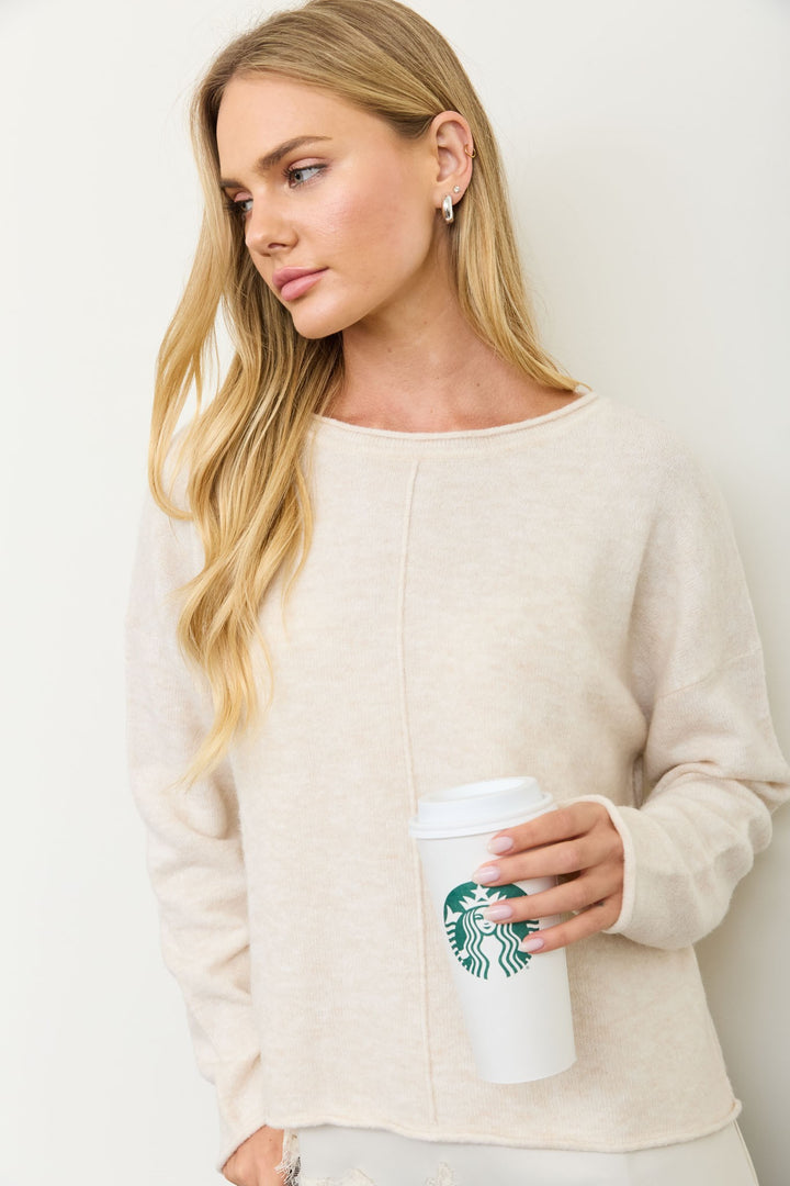 CENTER SEAM ROLLED NECK KNIT SWEATER