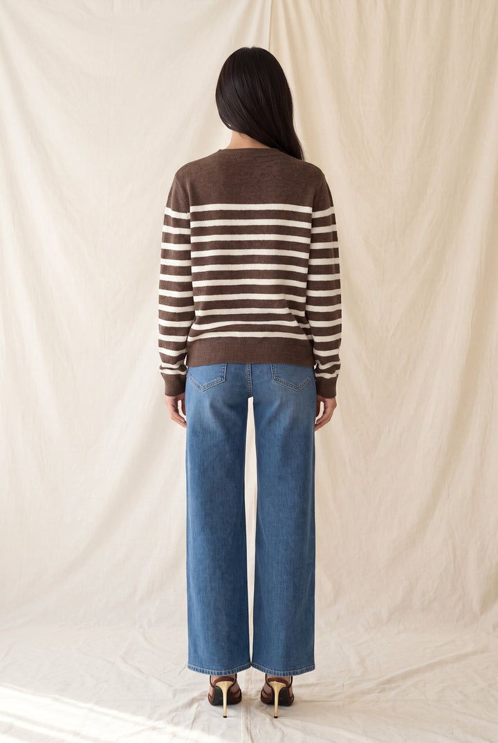 LONG SLEEVE BORDER CREW NECK SWEATER TOP