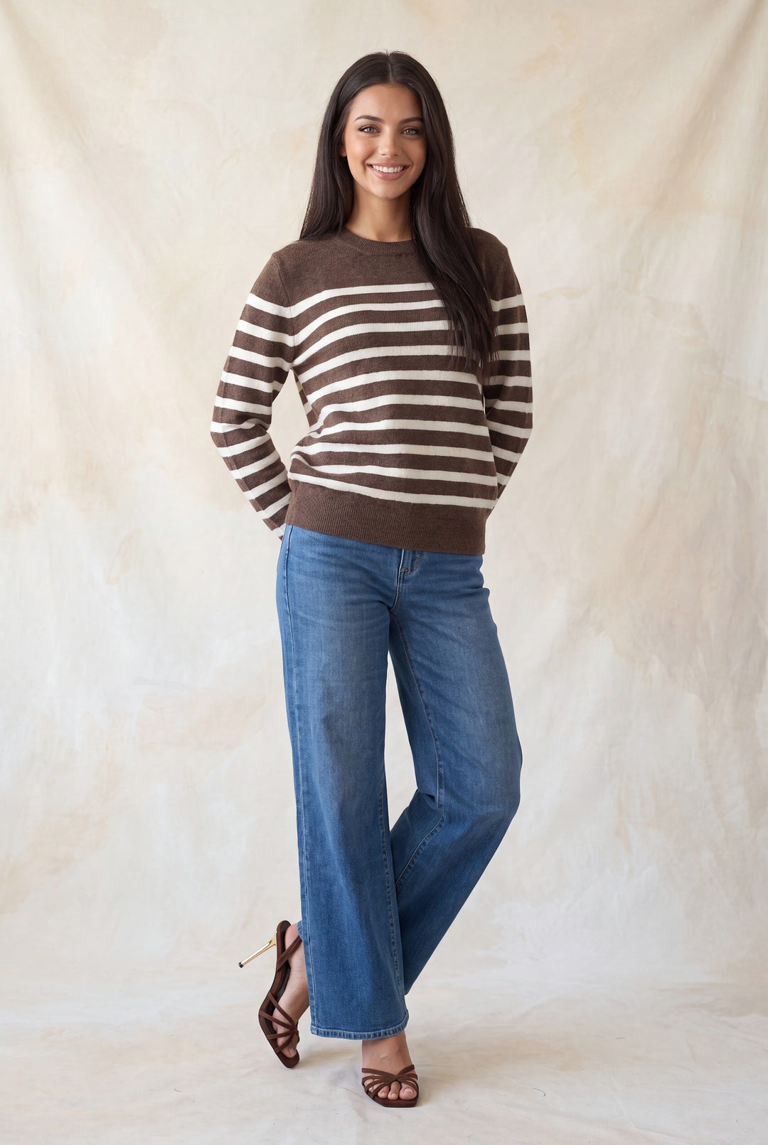 LONG SLEEVE BORDER CREW NECK SWEATER TOP