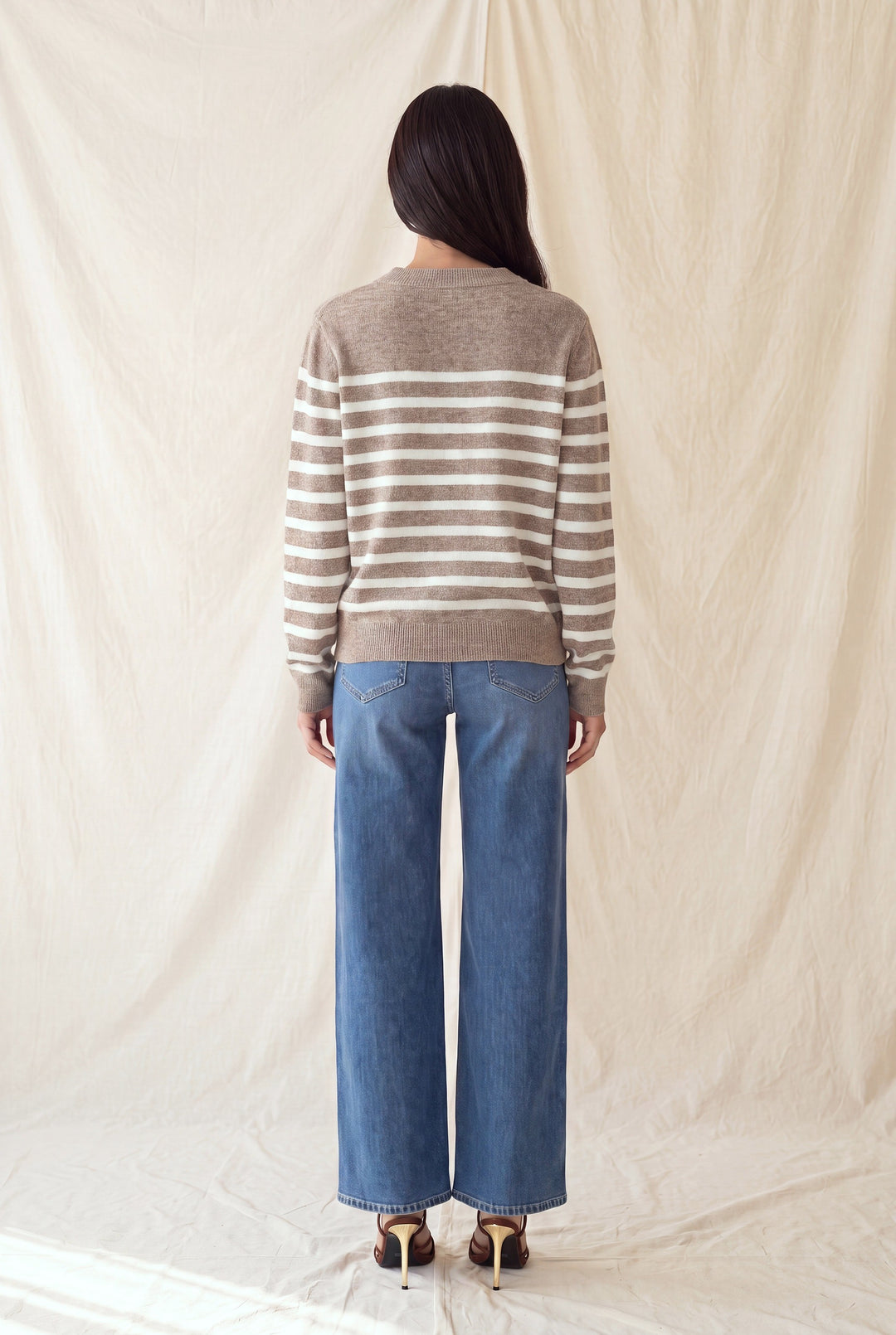 LONG SLEEVE BORDER CREW NECK SWEATER TOP