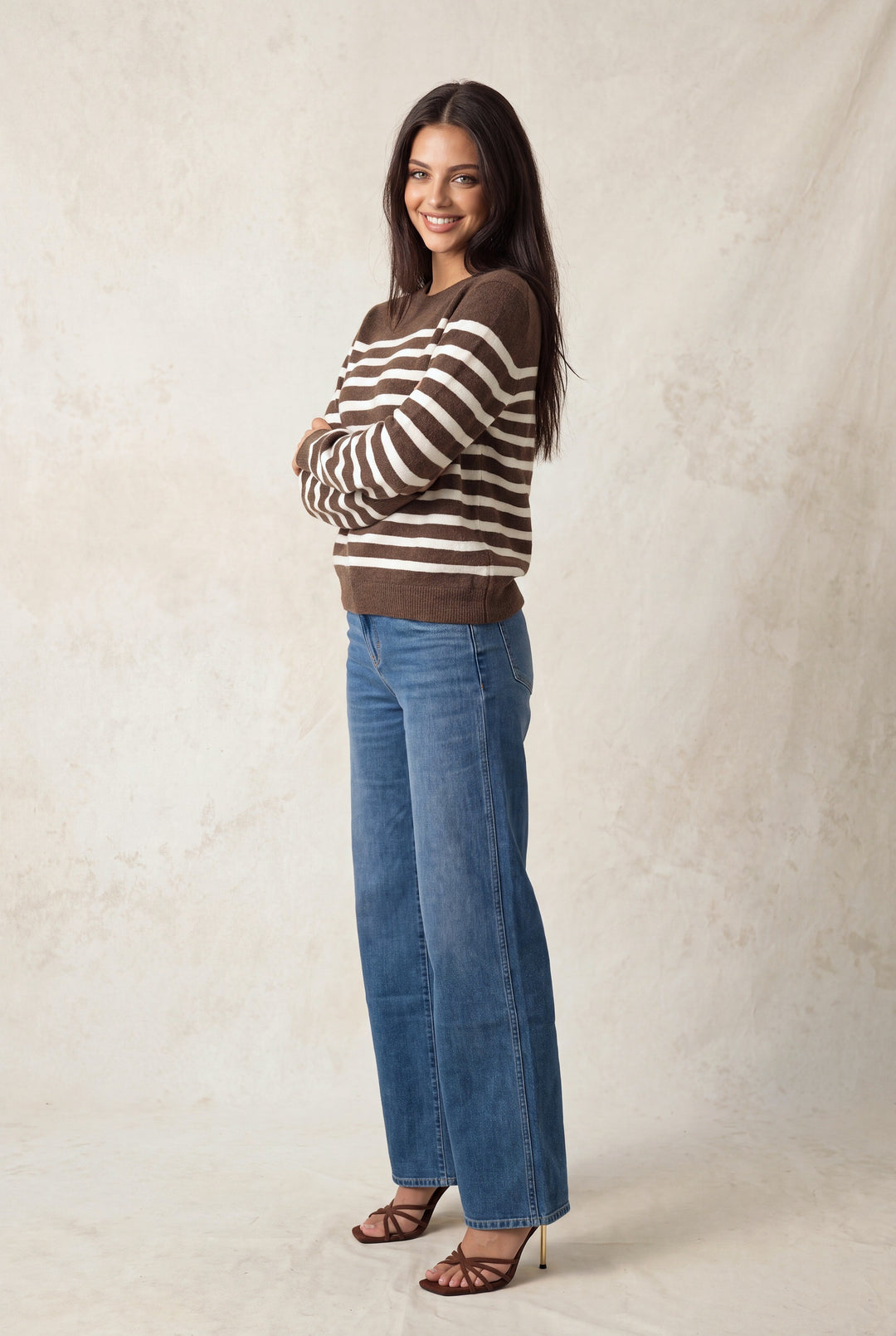 LONG SLEEVE BORDER CREW NECK SWEATER TOP
