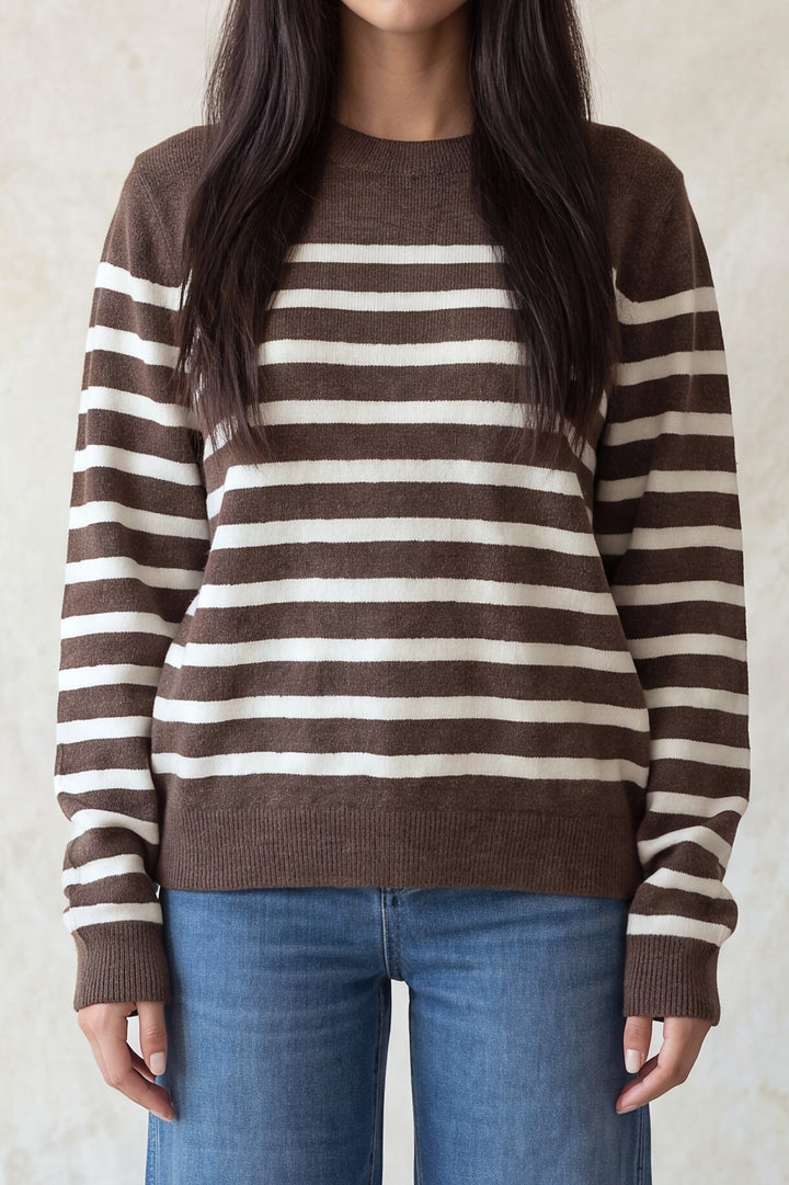LONG SLEEVE BORDER CREW NECK SWEATER TOP