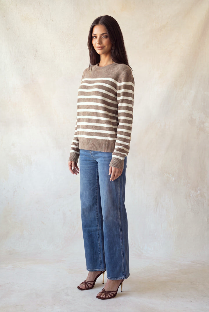 LONG SLEEVE BORDER CREW NECK SWEATER TOP