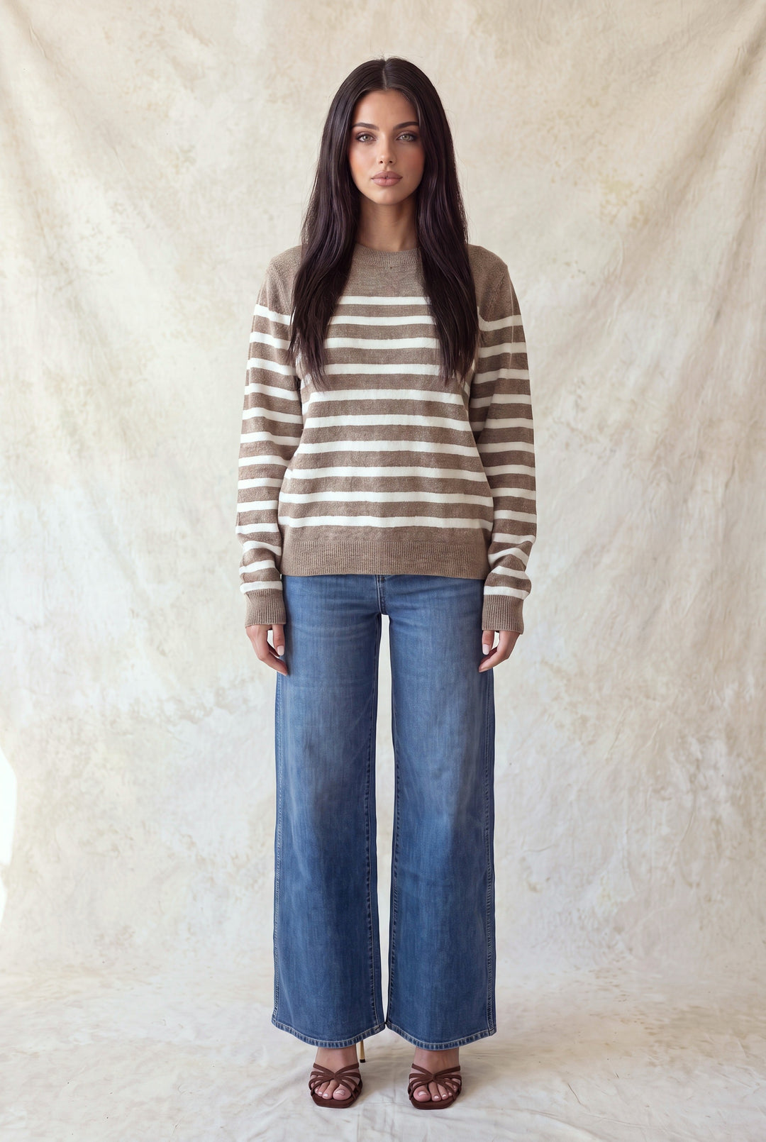 LONG SLEEVE BORDER CREW NECK SWEATER TOP