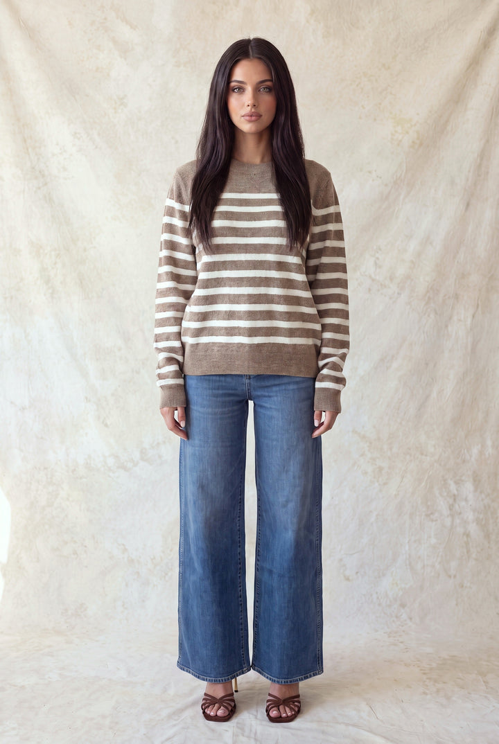 LONG SLEEVE BORDER CREW NECK SWEATER TOP