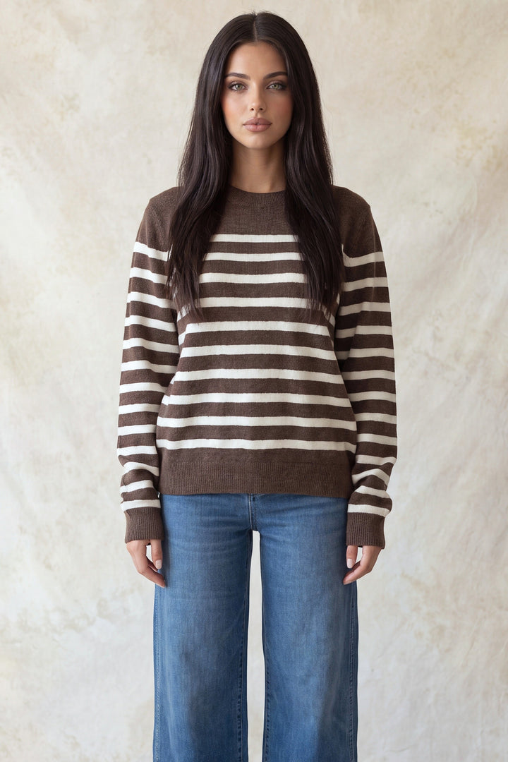 LONG SLEEVE BORDER CREW NECK SWEATER TOP