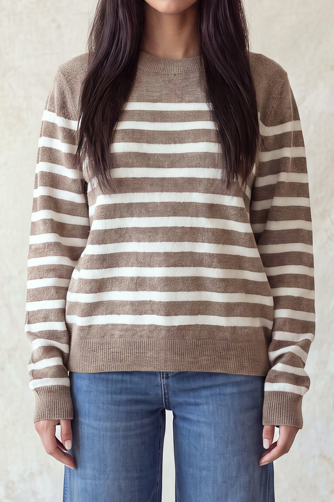 LONG SLEEVE BORDER CREW NECK SWEATER TOP