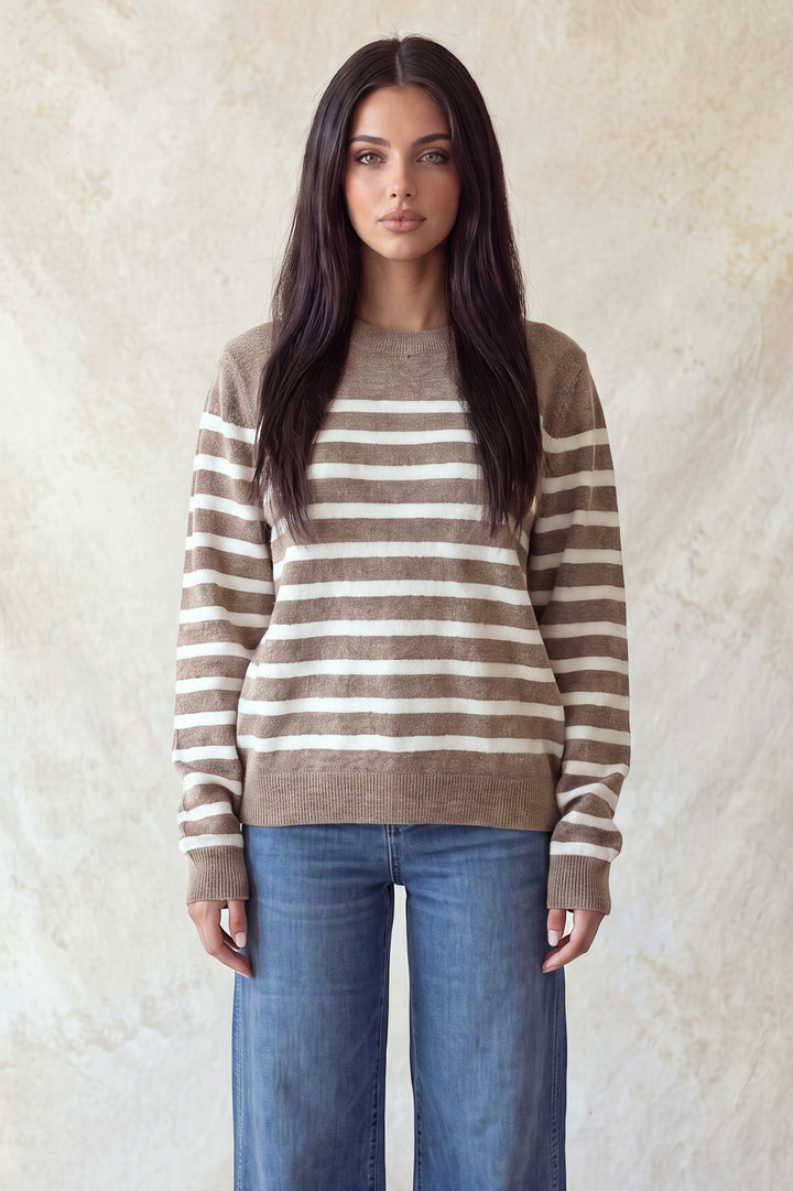 LONG SLEEVE BORDER CREW NECK SWEATER TOP