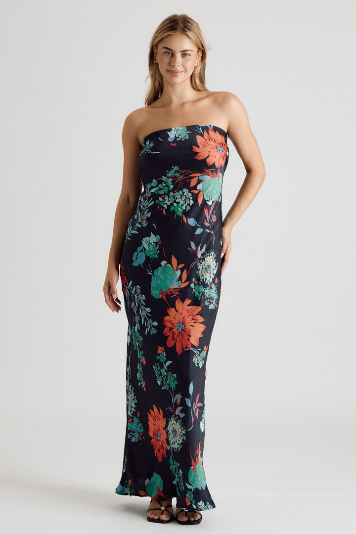 BIG FLORAL SATIN TUBE MAXI DRESS