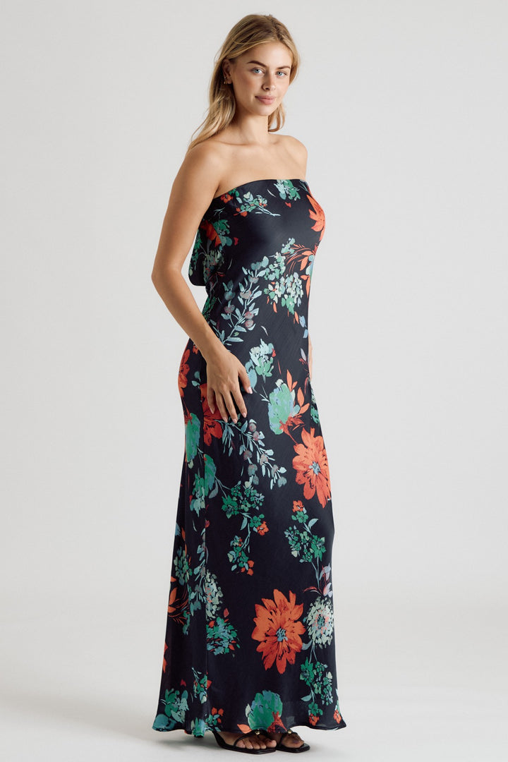 BIG FLORAL SATIN TUBE MAXI DRESS