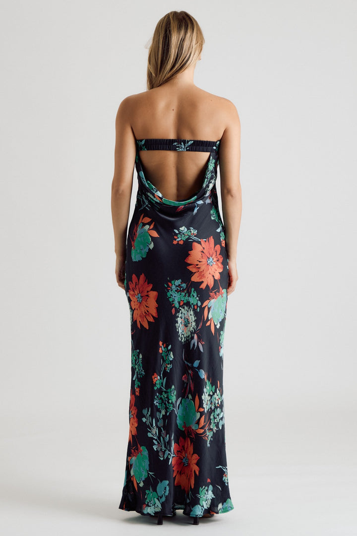 BIG FLORAL SATIN TUBE MAXI DRESS