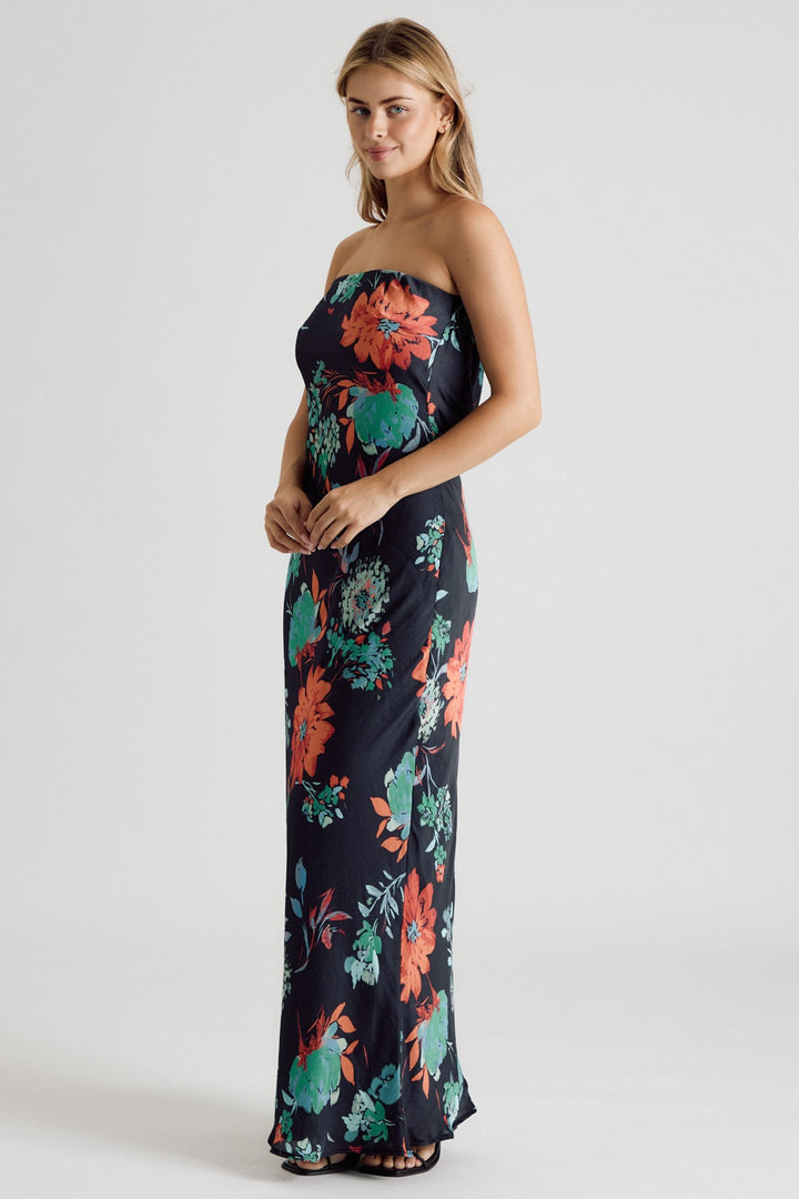 BIG FLORAL SATIN TUBE MAXI DRESS