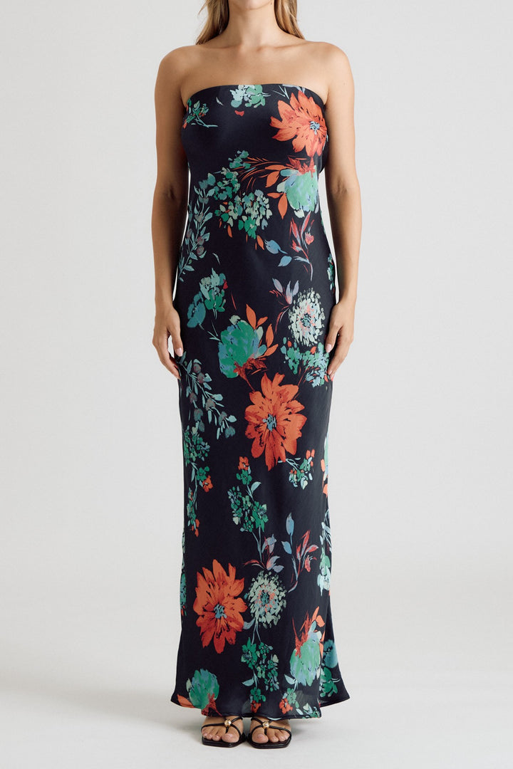 BIG FLORAL SATIN TUBE MAXI DRESS