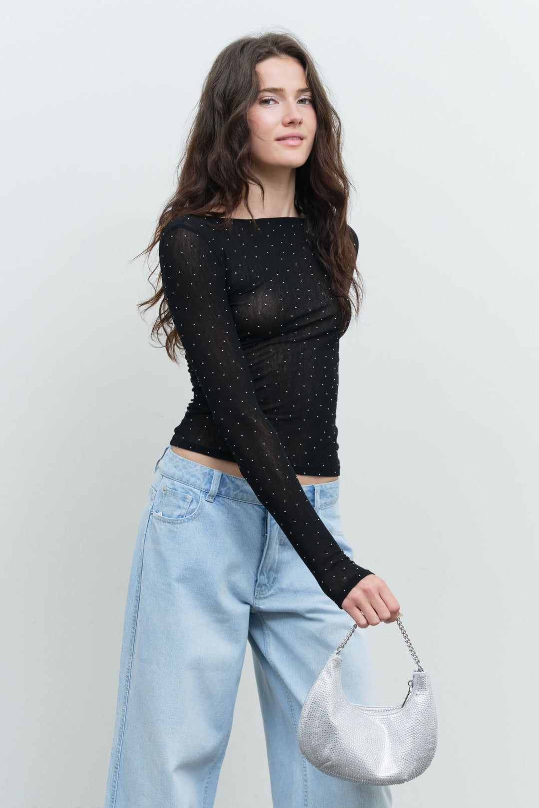 RHINESTONE BOAT NECK LONG SLEEVE KNIT TOP