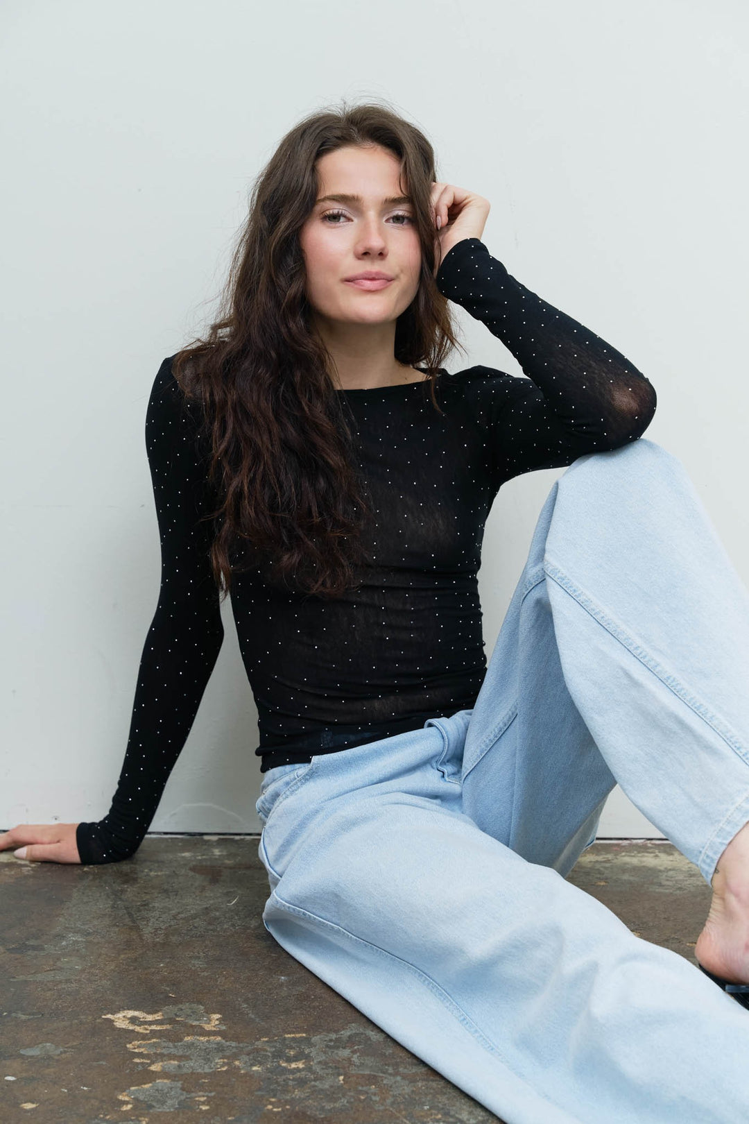 RHINESTONE BOAT NECK LONG SLEEVE KNIT TOP