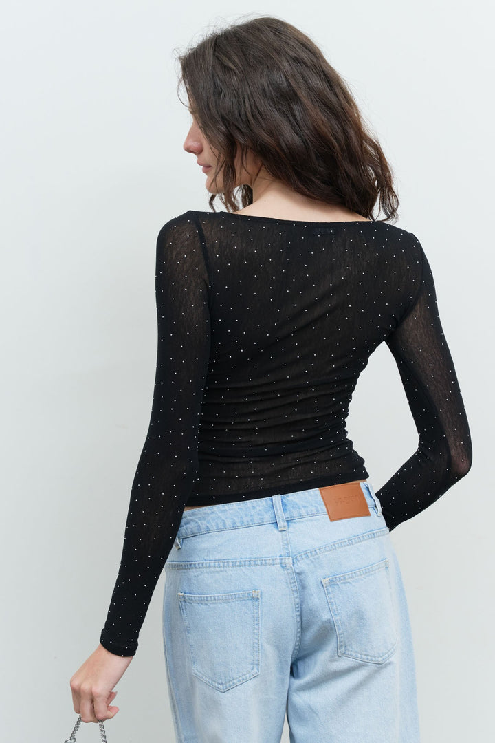 RHINESTONE BOAT NECK LONG SLEEVE KNIT TOP