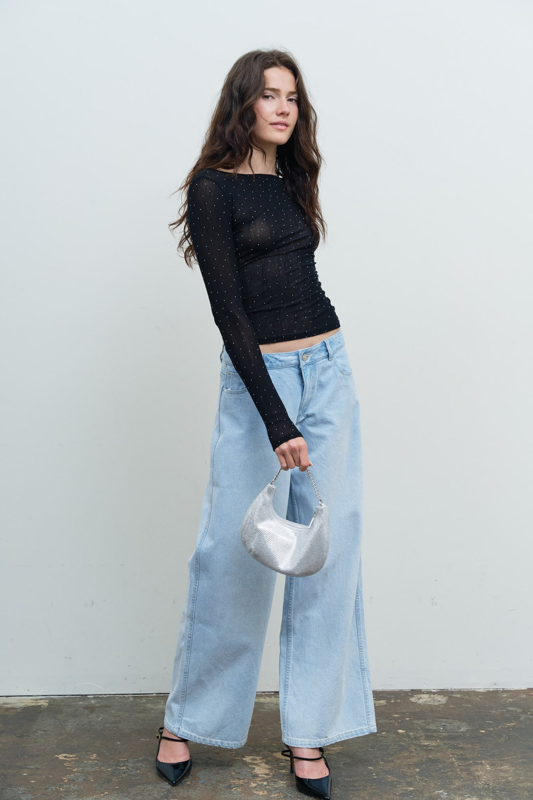 RHINESTONE BOAT NECK LONG SLEEVE KNIT TOP
