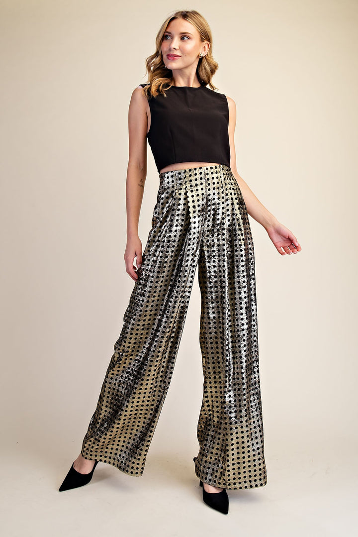 POLKA DOT PLEATED HIGH WAISTED WIDE PANTS