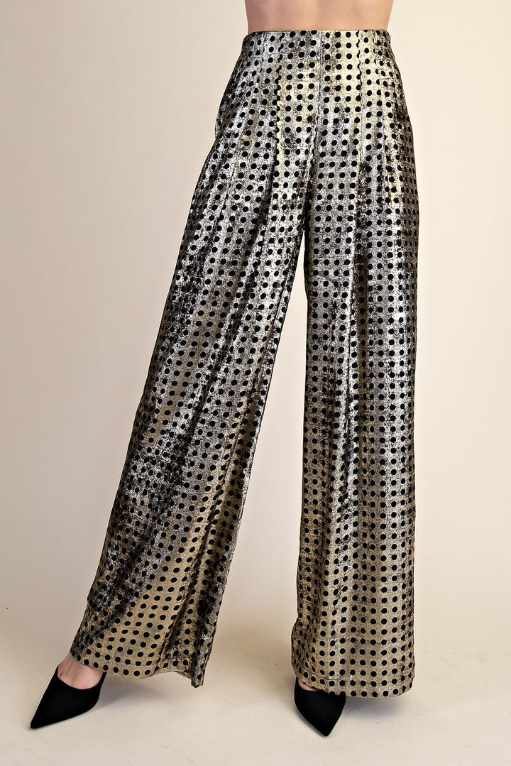POLKA DOT PLEATED HIGH WAISTED WIDE PANTS