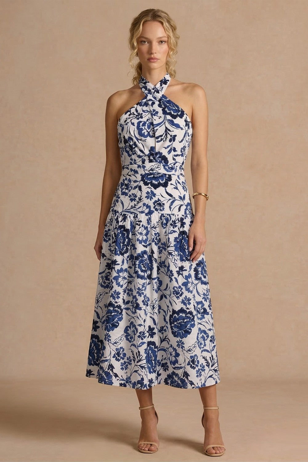 BLUE FLORAL HALTER MIDI DRESS ROYAL BLUE/OFF White / Medium / HTD511016