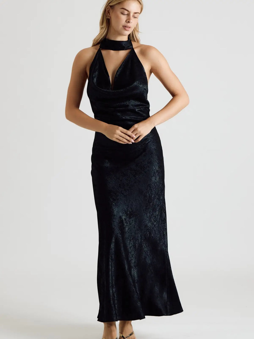 METALLIC HALTER COWL NECK OPEN BACK MAXI DRESS