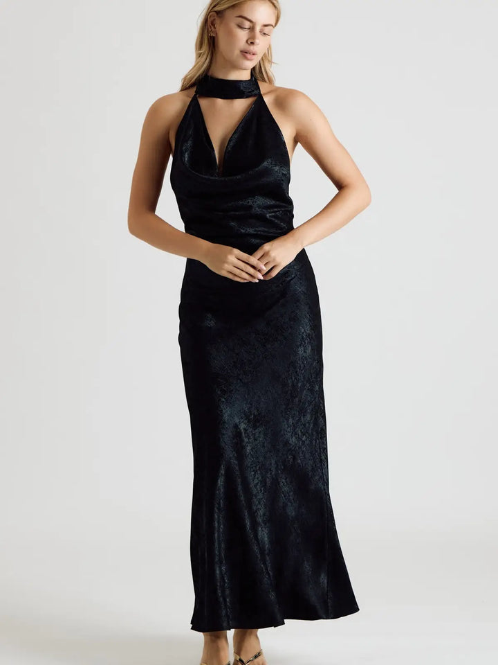 METALLIC HALTER COWL NECK OPEN BACK MAXI DRESS