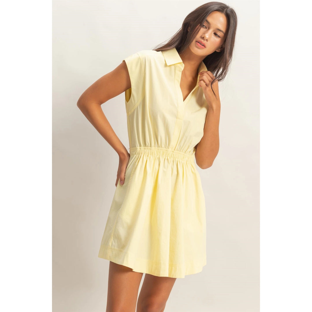 SLEEVELESS COLLARED SHIRRED MINI DRESS