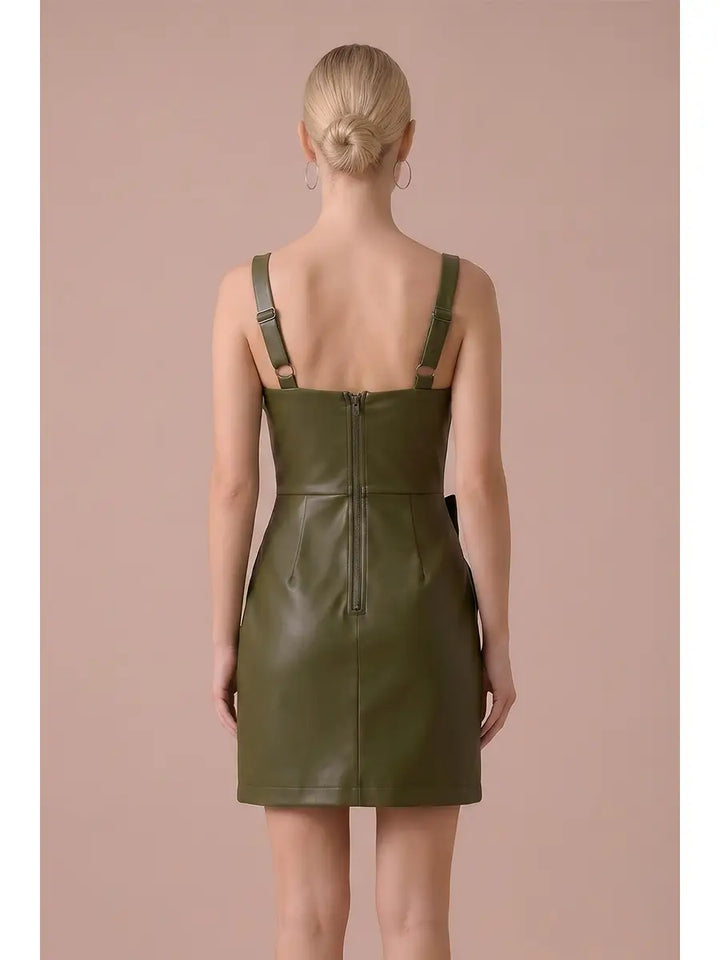 FLOWER APPLIQUE FAUX LEATHER MINI DRESS