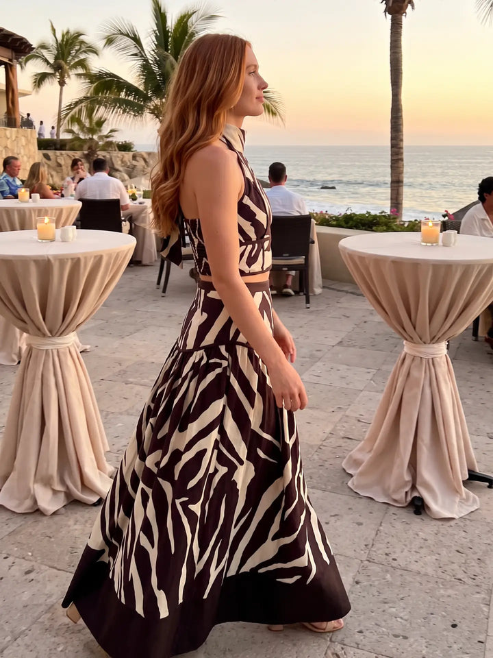 ZEBRA PRINT HALTER CROP TOP &amp; MAXI SKIRT SET