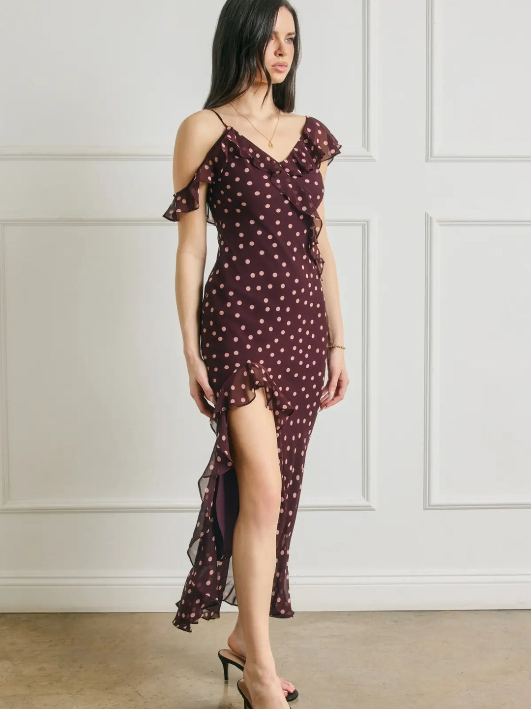 SOFT SPRINKLE ASYMMETRICAL RUFFLED MAXI DRESS