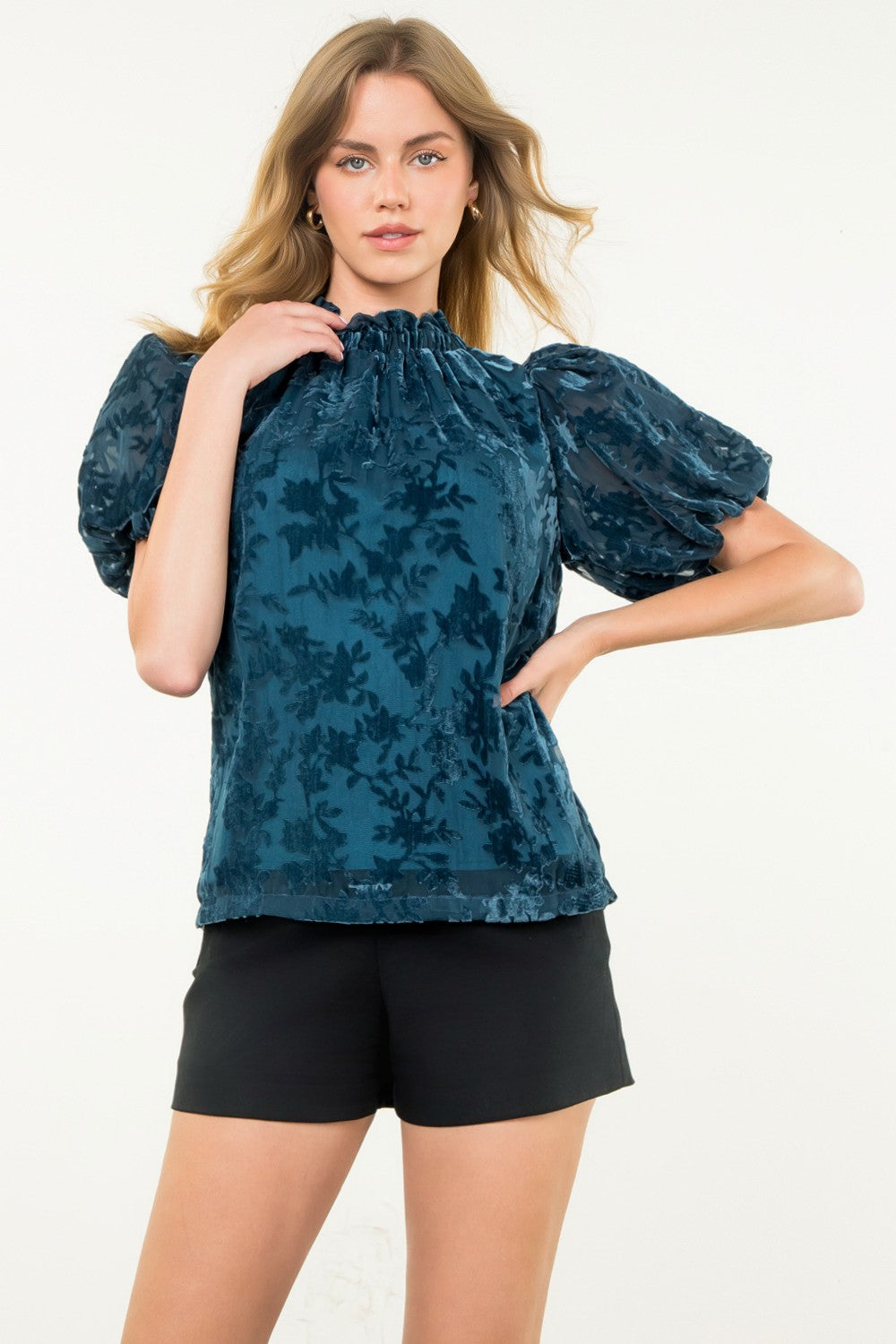 PUFF SLEEVE VELVET DETAIL TOP