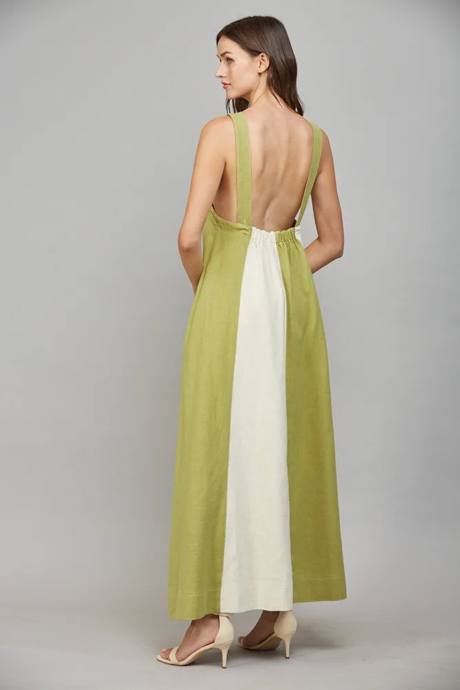 LINEN BLEND COLORBLOCK A-LINE HALTER DRESS