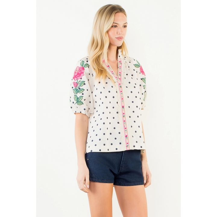 EMRBROIDERED PUFF SLEEVE POLKA DOT TOP