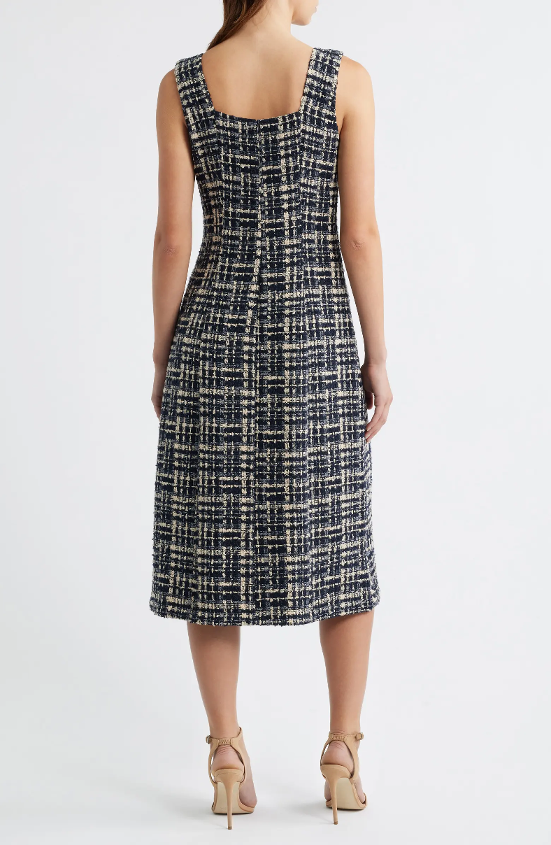 SLEEVELESS SQUARE NECK LINE TWEED MIDI DRESS