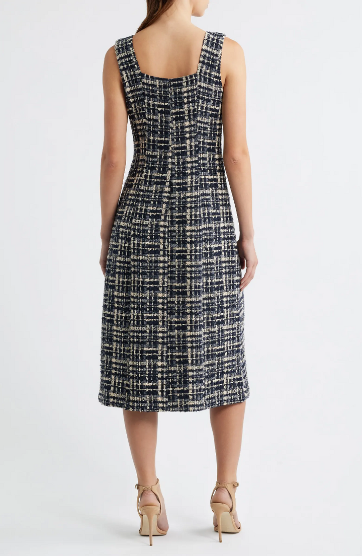 SLEEVELESS SQUARE NECK LINE TWEED MIDI DRESS