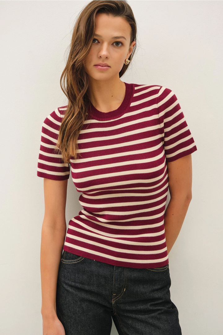 CLASSIC STRIPED CREWNECK SHORT SLEEVE SWEATER