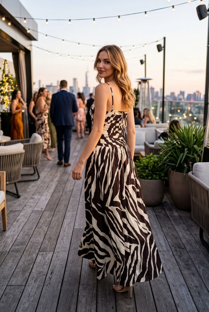 RUCHED ANIMAL PRINT MAXI DRESS WITH TIE BACK DETAIL
