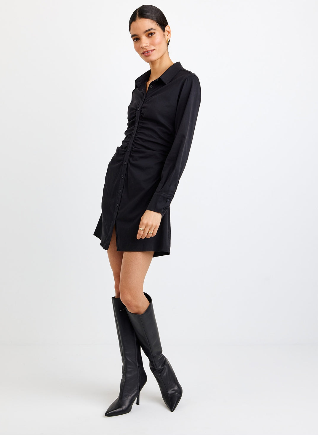 LONG SLEEVE SHIRRED SHIRT DRESS