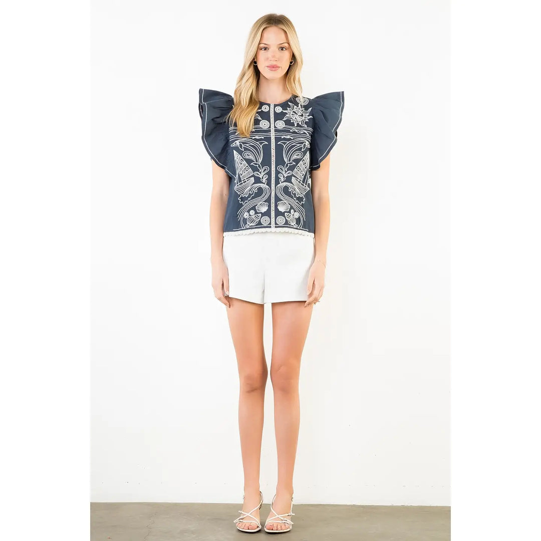 RUFFLE SLEEVES EMBROIDERY DETAIL TOP