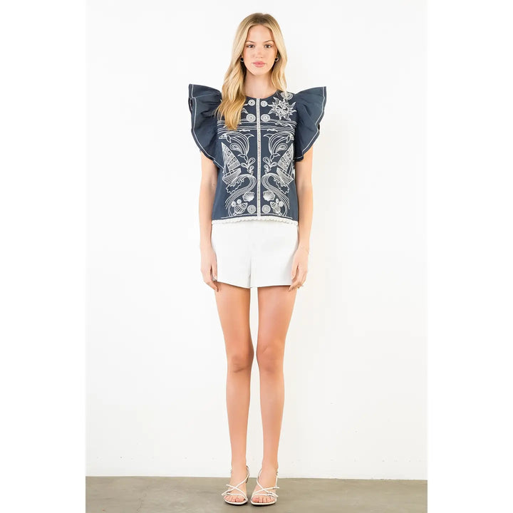 RUFFLE SLEEVES EMBROIDERY DETAIL TOP
