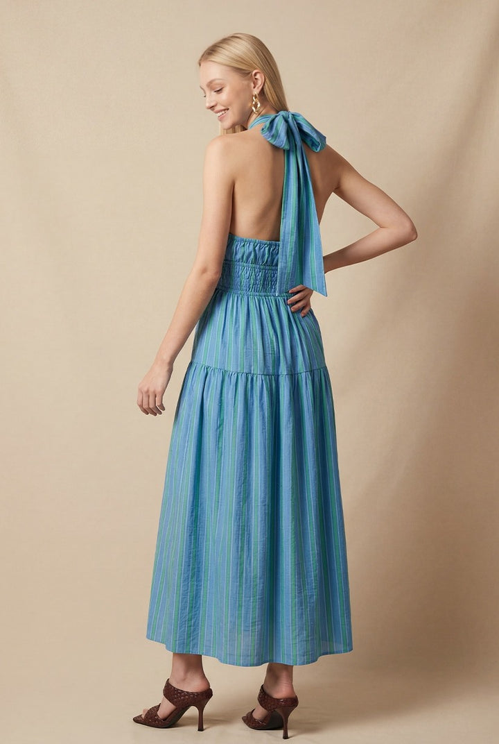 BLUE AND GREEN STRIPED HALTER MAXI DRESS