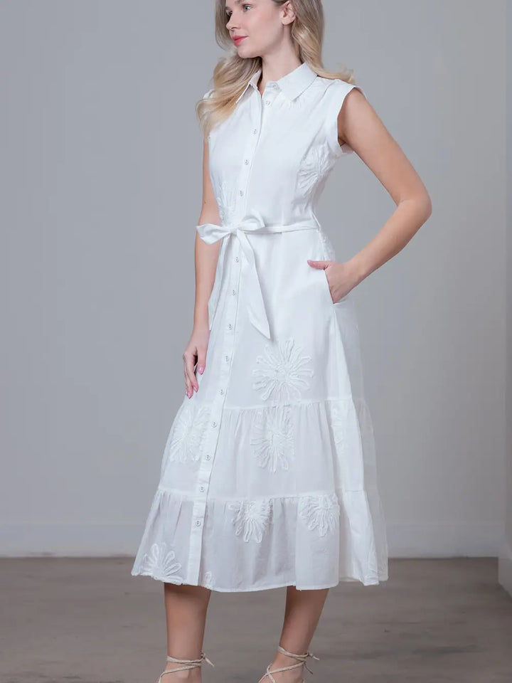 APPLIQUE TIERED SKIRT MIDI DRESS