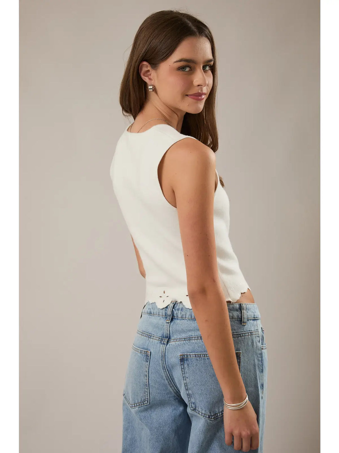 SQUARE NECK EYELET SWEATER TOP