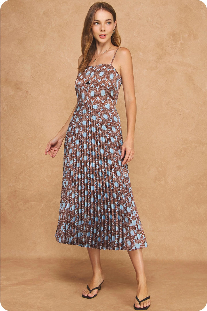 RETRO FLORAL PRINT TOP-STITCH MIDI DRESS
